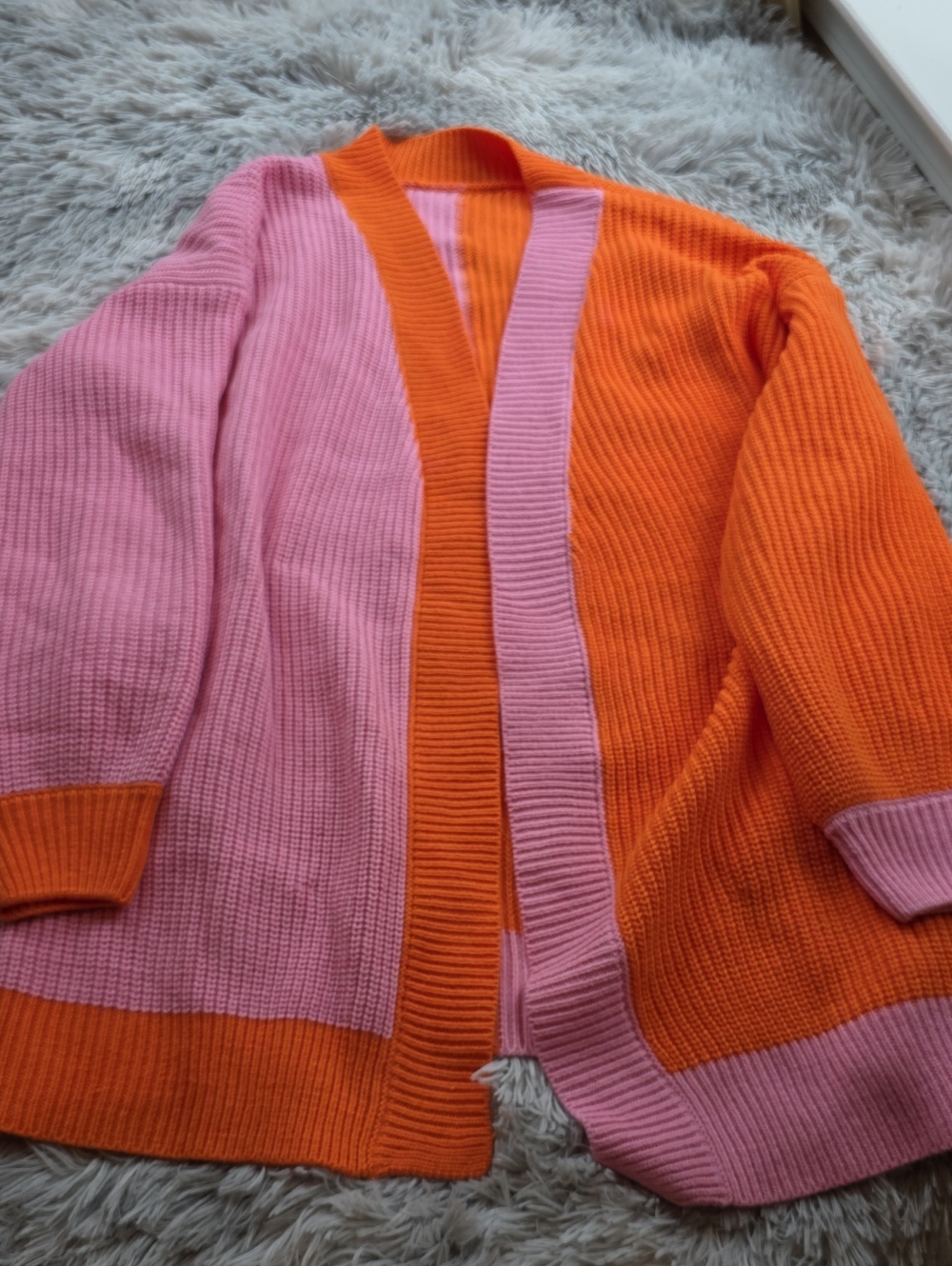 Pink and Orange Colorblock Open-Front Women's Cardigan Sweater